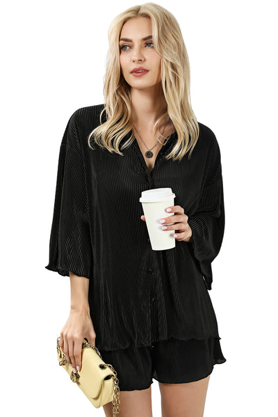 Black 3/4 Sleeves Pleated Shirt and High Waist Shorts Lounge Set-Loungewear-MomFashion