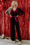 Fiery Red Velvet Pocketed Cut out Back Wide Leg Jumpsuit-Bottoms-MomFashion