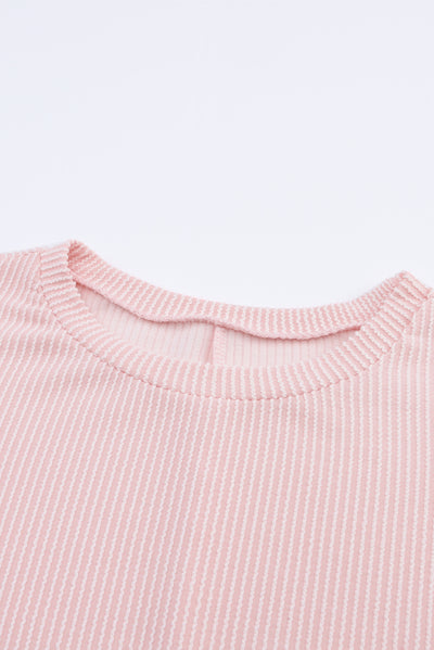 Pink Ribbed Roll-tab Sleeve Chest Pocket Oversize Top-Tops-MomFashion