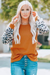 Brown Leopard Sequin Patchwork Long Sleeve Top-Tops-MomFashion