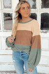 Green Stripe Textured Color Block Bubble Sleeve Baggy Top-Tops-MomFashion