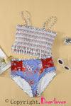 White Printed Smocked High waisted swimsuits-Swimwear-MomFashion