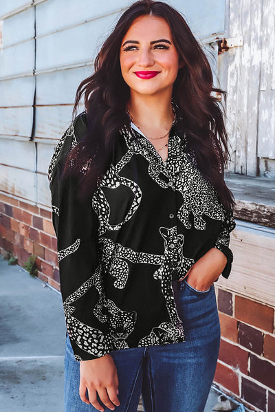 Black Cheetah Print Satin Shirt-Tops-MomFashion