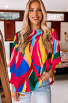 Multicolor Abstract Print Smocked Puff Sleeve Blouse-Tops-MomFashion