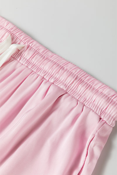 Light Pink Satin Knot Accent Shirt and Ruffled Pants Lounge Set-Loungewear & Sleepwear/Sleepwear-MomFashion