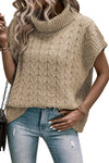 Light French Beige Cable Knit Turtleneck Batwing Sleeve Sweater-Tops-MomFashion