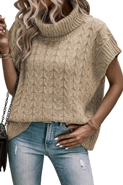 Light French Beige Cable Knit Turtleneck Batwing Sleeve Sweater-Tops-MomFashion