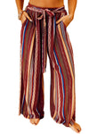 Red Boho Ethnic Striped Print Tie Waist Wide Leg Pants-Bottoms-MomFashion