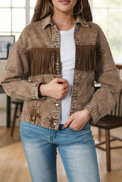 Brown Rhinestone Fringed Cowgirl Fashion Denim Jacket-Outerwear-MomFashion