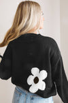 Black Big Flower Pattern Knit Sweater-Tops-MomFashion