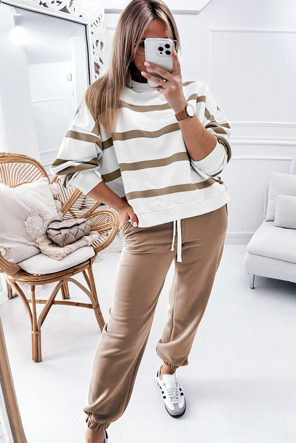Light French Beige Striped Drop Shoulder Pullover and Jogger Pants Set-Two Piece Sets/Pant Sets-MomFashion