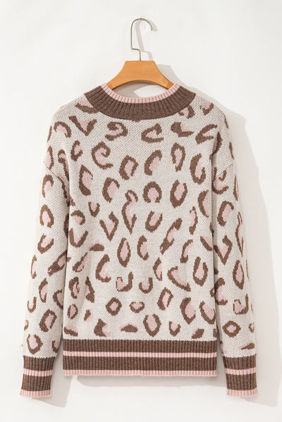 Brown Two-tone Ribbed Trim Contrast Leopard Sweater-Tops-MomFashion