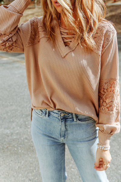 Apricot Lace Waffle Patchwork Strappy V Neck Long Sleeve Top-Tops-MomFashion