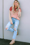 Fiery Red Color Block Long Sleeve Ribbed Loose Top-Tops-MomFashion