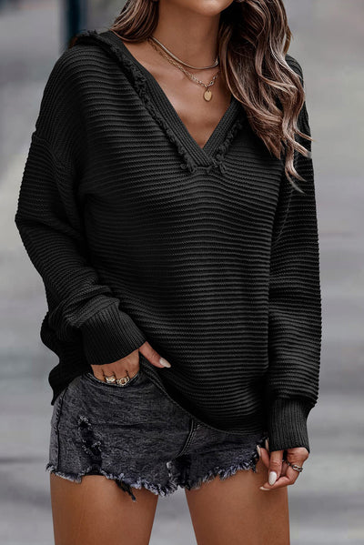 Black V Neck Ribbed Drop Shoulder Hooded Sweater-Tops-MomFashion