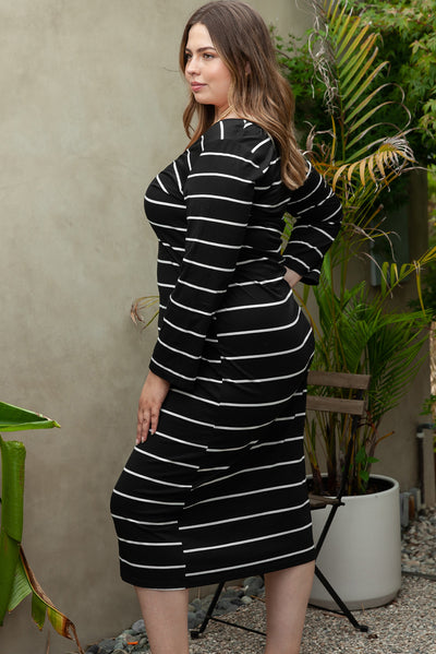 Black Plus Size Striped Loose Long Shift Dress-Plus Size-MomFashion