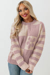 Orchid Petal Checkered Floral Print Striped Sleeve Sweater-Tops-MomFashion