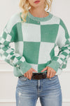 Mint Green Checkered Print Drop Shoulder Sweater-Tops-MomFashion