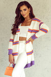 Beige Striped Long Sleeve Ribbed Trim Button Cardigan-Tops-MomFashion