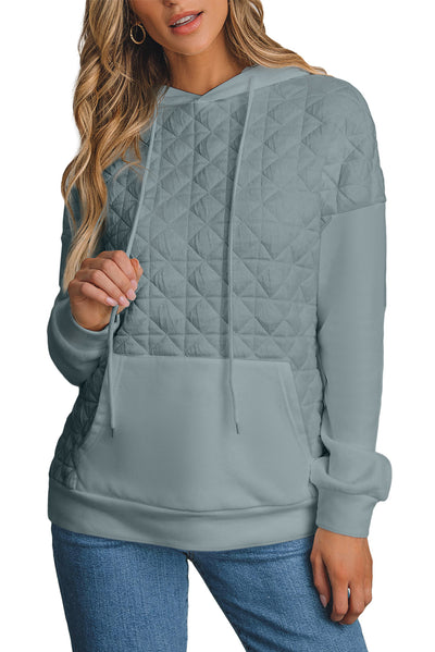 Light Grey Drop Shoulder Quilted Patchwork Kangaroo Pocket Hoodie-Tops-MomFashion