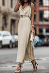 Apricot V Neck Sleeveless Maxi Dress with Elastic Belt-Dresses-MomFashion