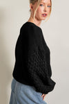 Black Cable Knit Sleeve Drop Shoulder Sweater-Tops-MomFashion