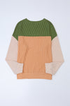 Green Color Block Long Sleeve Ribbed Loose Top-Tops-MomFashion