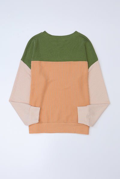 Green Color Block Long Sleeve Ribbed Loose Top-Tops-MomFashion