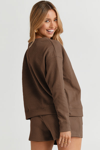 Brown Textured Long Sleeve Top and Drawstring Shorts Set-Loungewear-MomFashion