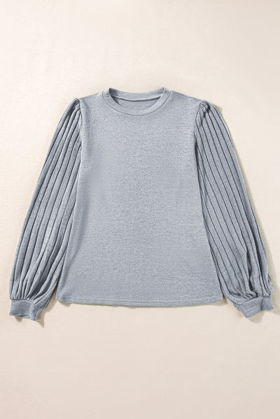 Gray Contrast Ribbed Bishop Sleeve Top-Tops-MomFashion