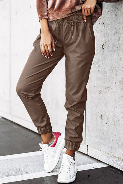 Brown Leather Tie Waist Jogger Pants-Bottoms-MomFashion