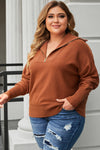 Brown Solid Ribbed Trim Plus Size Zip Collar Sweater-Plus Size-MomFashion