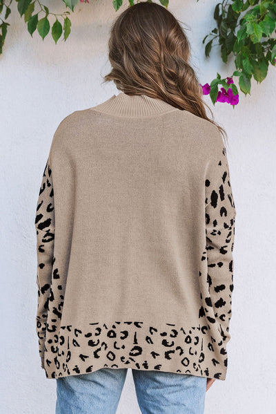 Khaki Leopard High Neck Side Slit Oversized Sweater-Tops-MomFashion