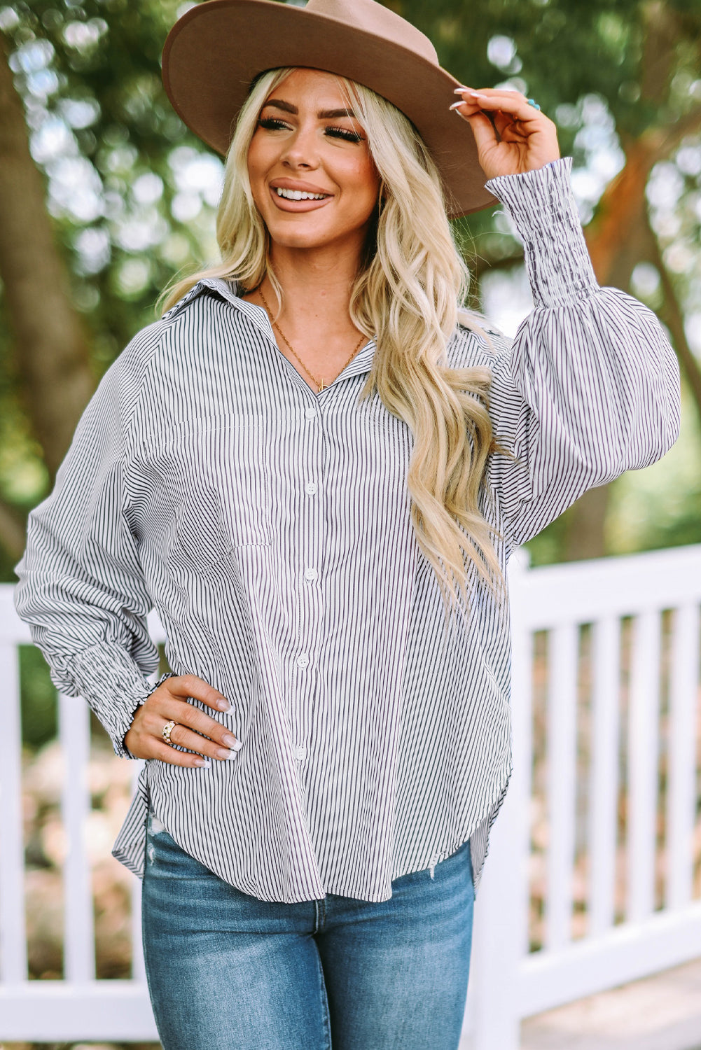 Smocked Cuffed Striped Boyfriend Shirt with Pocket-Tops-MomFashion