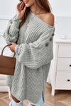 Gray Buttoned Drop Shoulder Oversized Sweater-Tops-MomFashion