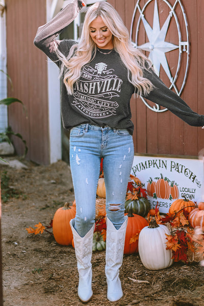 Black NASHVILLE MUSIC CITY Corded Graphic Sweatshirt-Tops-MomFashion