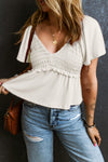 Oatmeal Shirred V Neck Short Flutter Sleeve Textured Blouse-Tops-MomFashion