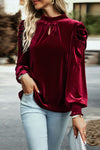 Fiery Red Mock Neck Puff Sleeve Velvet Blouse-Tops-MomFashion