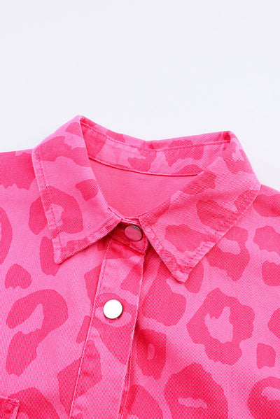 Pink Leopard Print Button Cuffs Raw Hem Jacket-Outerwear-MomFashion