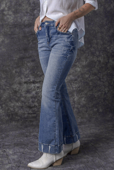 Sky Blue Slight Distressed Medium Wash Flare Jeans-Bottoms-MomFashion