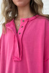 Rose Red Exposed Seam Button Neck Wide Sleeve Tunic Top-Tops-MomFashion