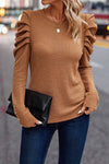 Chestnut Solid Color Textured Buttoned Gigot Sleeve Top-Tops-MomFashion