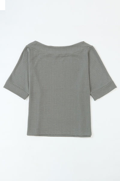 Gray Boatneck Batwing Sleeve Cording Blouse-Tops-MomFashion