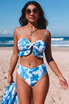 Sky Blue Tropical Ruffle Bikini High Waisted Swimsuit with Sarong-Swimwear-MomFashion