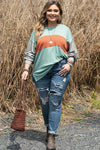 Green Plus Size Striped Long Sleeve Colorblock Tee with Slits-Plus Size-MomFashion