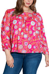 Pink Plus Size Square Neck Floral Blouse-Plus Size-MomFashion