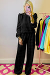 Black Textured Puff Sleeve Top and Pants Set-Two Piece Sets/Pant Sets-MomFashion