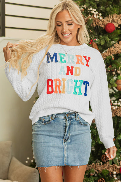 White Merry And Bright Cable Knit Pullover Sweatshirt-Tops-MomFashion