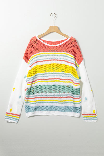 Multicolor Hollow Striped Knit Contrast Sleeve Sweater-Tops-MomFashion