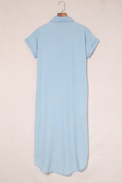 Sky Blue Chambray Shirt Short Sleeves Midi Dress-Dresses-MomFashion